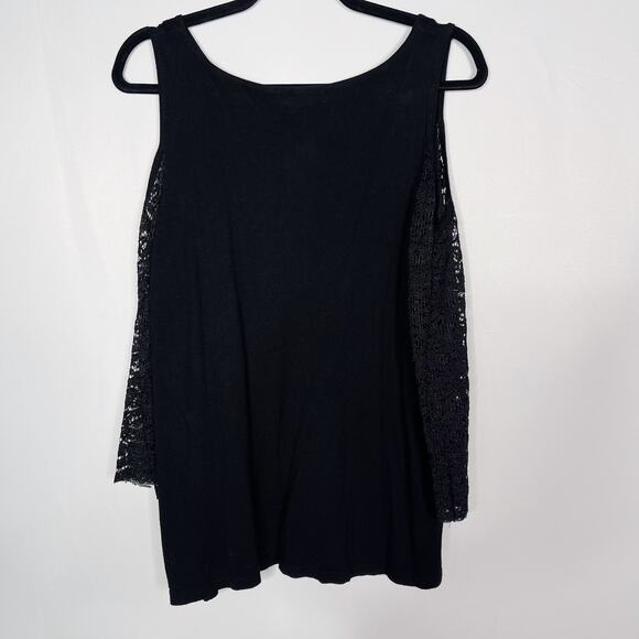 Roz & Ali Medium M Black Cold Shoulder Knit Top Round Neck 3/4 Lace Sleeves - Picture 2 of 8